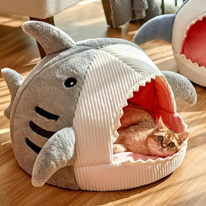 Cueva Cama para Gatos en Forma de Tiburón, 100% Algodón