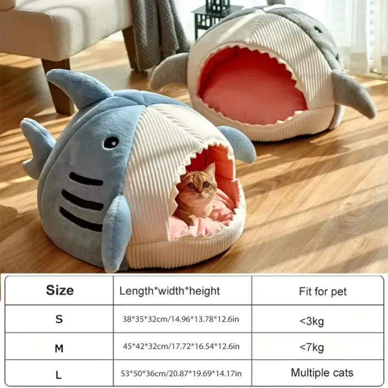 Cueva Cama para Gatos en Forma de Tiburón, 100% Algodón