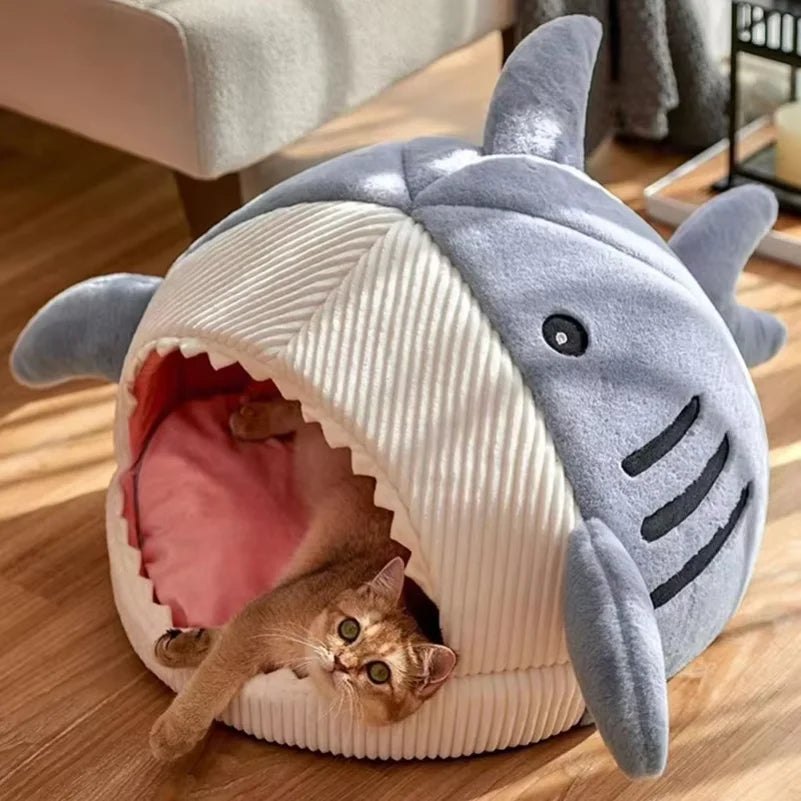 Cueva Cama para Gatos en Forma de Tiburón, 100% Algodón