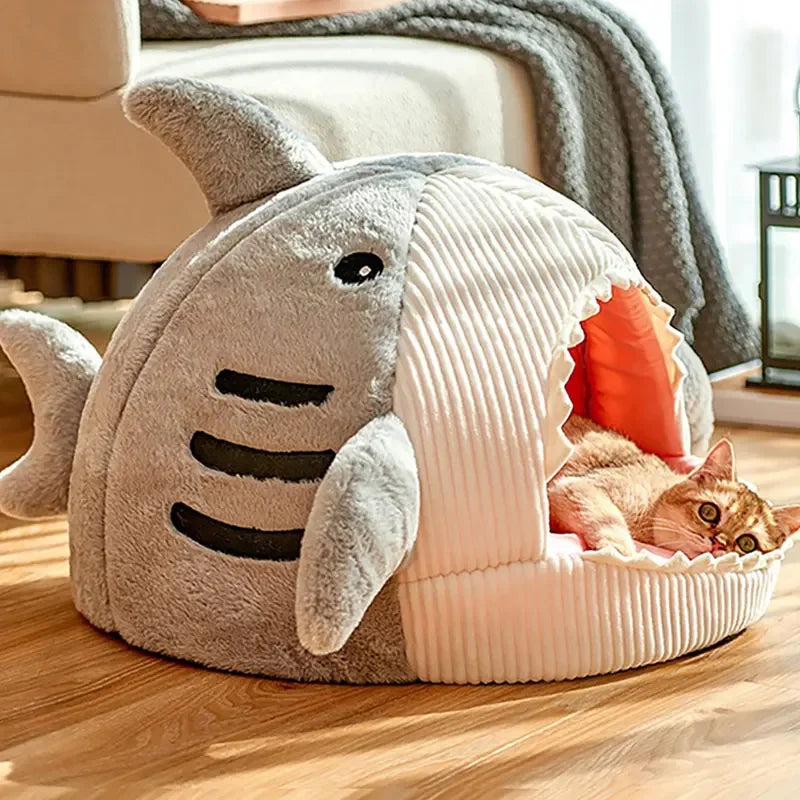 Cueva Cama para Gatos en Forma de Tiburón, 100% Algodón
