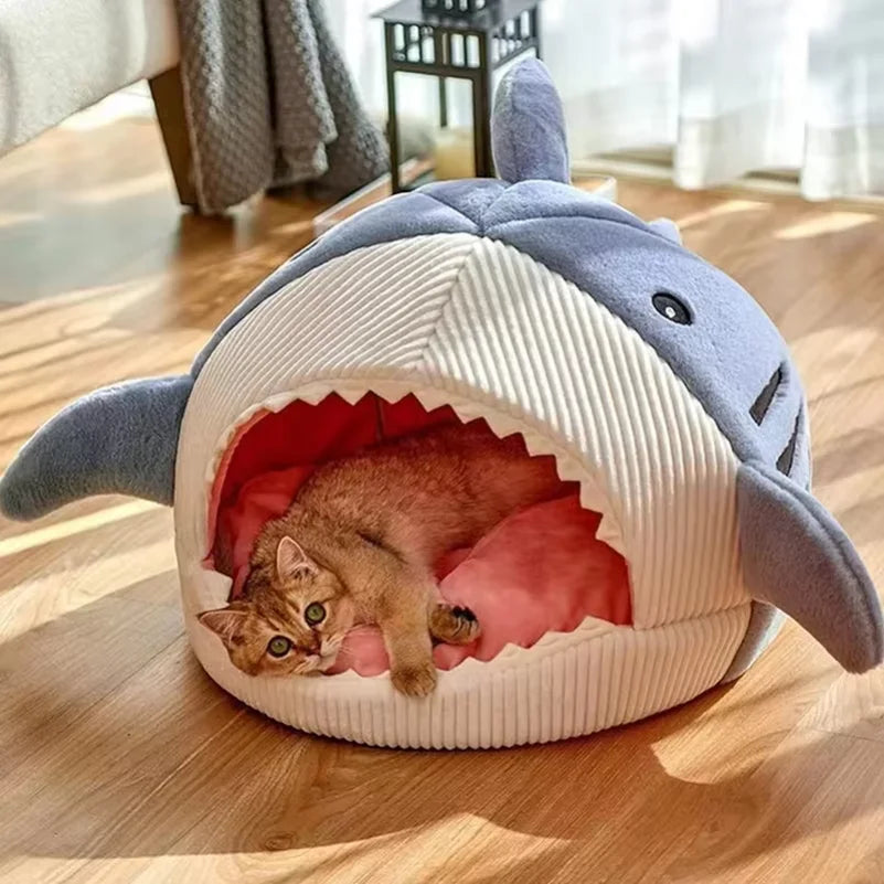 Cueva Cama para Gatos en Forma de Tiburón, 100% Algodón